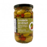 Оливки Зеленые фаршированные Острым перцем в рассоле EUROS ст/бан 350 гр